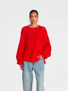 KBB by Kahlana Women's Pullover Sweater 'The Chunky Knit Crew Red Oversized XS
